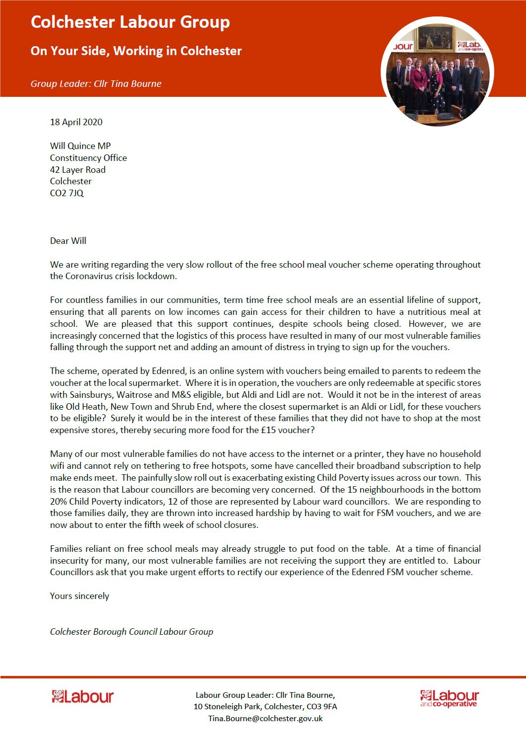 Letter from the Labour Group to Will Quince about Free School Meal Vouchers