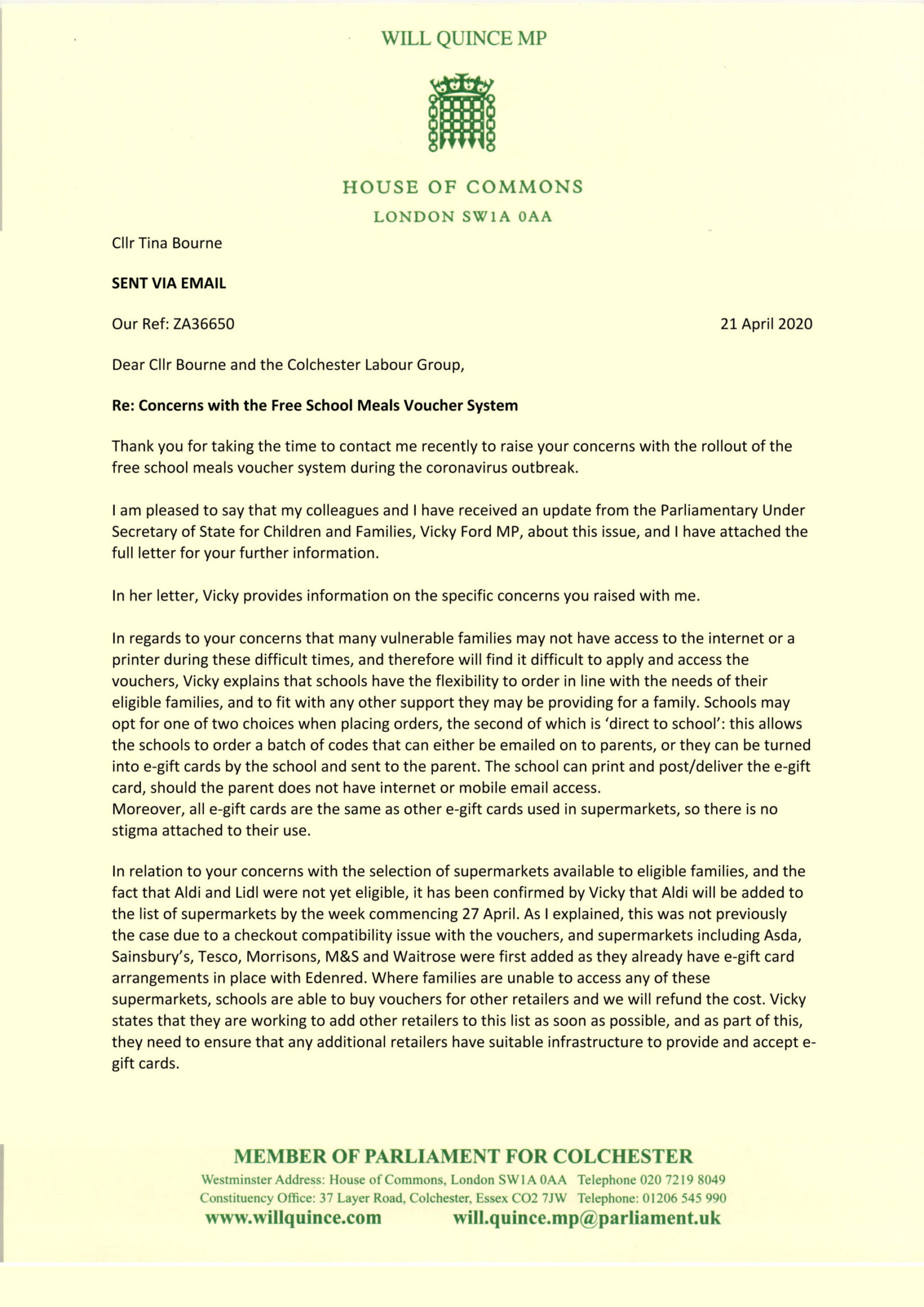 Will Quince MP Further Response